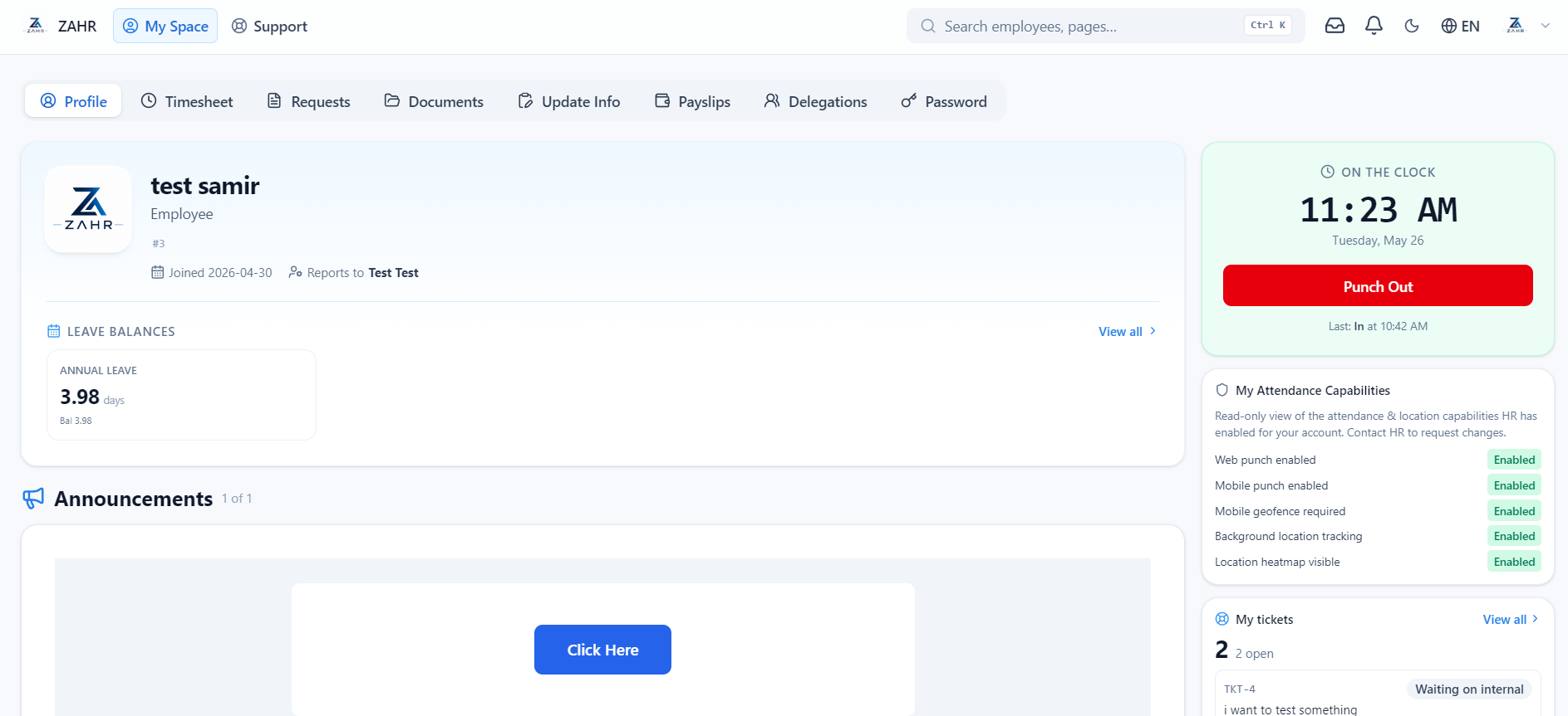 ZAHR employee self-service dashboard with punch-out, leave balances and announcements