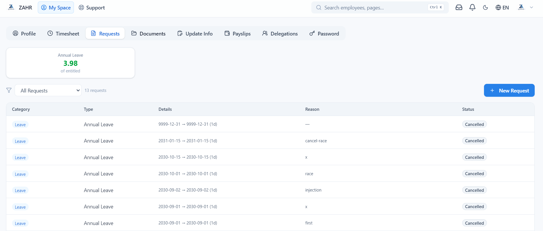 ZAHR requests inbox with categories, types, details, reasons and status