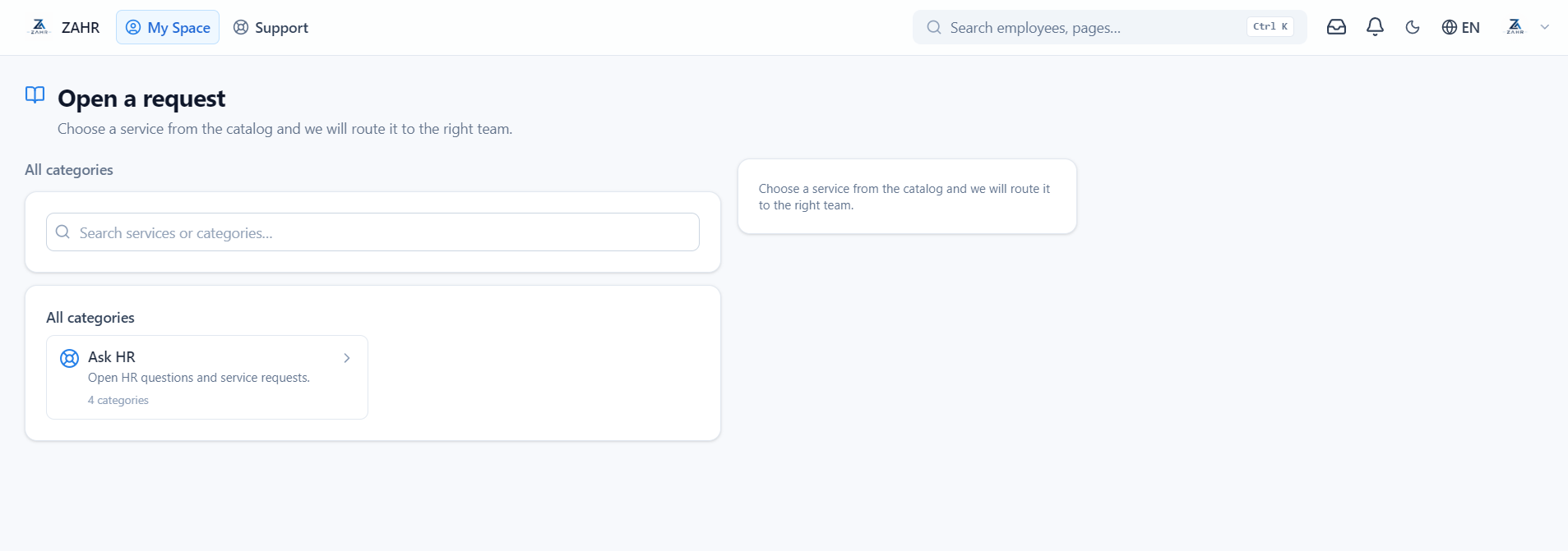 ZAHR service catalog with Ask HR category